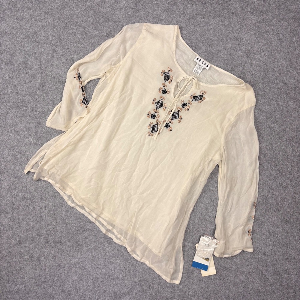 Erena Ivory Embroidered Peasant Blouse Rayon Cotton Lined Boho Top Cream Large